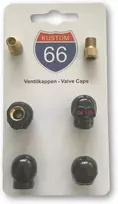 4 vožtuvų dangtelių + 2 dviračių adapterių rinkinys - Skull v2 Juodas - tinka bet kokiam automobiliui, motociklui ir dviračiui