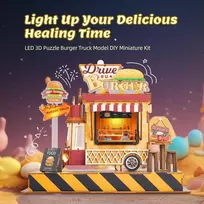 Funpola 3d medinis dėlionė Burger Truck modelis - pasidaryk pats miniatiūrinis maisto sunkvežimio lėlių namelio transporto priemonės rinkinys su Led lemputėmis - puiki kūrybinė dovana vaikams ir suaugusiems (mėsainiai)