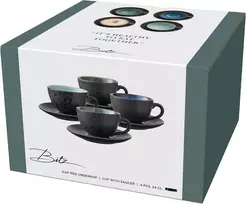 Bitz 4 stoneware kavos puodelių su lėkštute rinkinys 24cl mėlyna žalia šviesiai mėlyna pilka