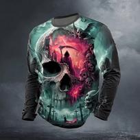 Men Horror Halloween Long Sleeve Tee Grim Reaper Skull Castle Graveyard Bat Cross 3D Print Casual Tee Family Matching Outfits 4XL black