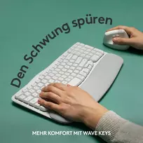 Logitech Wave Keys belaidė ergonominė klaviatūra, paminkštintas riešo atlošas, patogus natūralus rašymas, Easy Switch, Bluetooth, Logi Bolt, Multi-os, Windows/mac, vokiškas Qwertz išdėstymas, balta