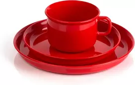 Indų rinkinys kavai, 3 puodeliai, 3 lėkštės, raudonas plastikas