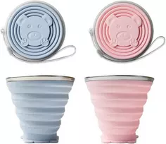2 sulankstomų puodelių rinkinys, silikoninis sulankstomas puodelis, nešiojamas stovyklavimo puodelis, be Bpa, sulankstomi kelioniniai puodeliai su plastikiniu dangteliu iškylai, stovyklavimui, žygiams, kelionėms, mėlynas