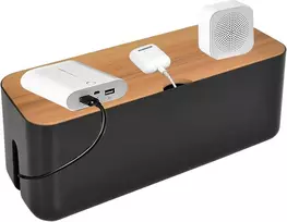 Cable Management Box Organiser, didelė juoda kabelių dėžė, medinis dangtelis kabelių laikymo dėžė, kabelių slėpimo dėžė pagaminta iš Abs plastiko stalui, maitinimo juostoms, palaidiems laidams 29,5 x 11,4 x 11 cm
