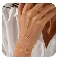 Fashion Gold 14k paauksuota grandinėlė ant rankos su žiedu moterims
