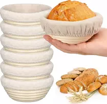 Duonos rauginimo krepšelių rinkinys iš 6 banneton krepšelių, tešlos fermentacijos padėklas, apvalūs rauginimo krepšeliai, rankų darbo rotango krepšeliai, artisan sourdough duonos gaminimo rinkinys
