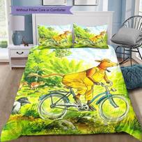 Mamma Mu Cow Riding Bicycle Cartoon Bedding Set, Forest Storybook Duvet Cover, 3Pcs Bed Set with 2 Pillowcases for Bedroom Decor, No Comforter 200x220cm
