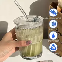 2 stiklinių puodelių rinkinys po 400 ml su dangteliu ir šiaudeliu, stiklinis kokteilių puodelis su šiaudeliu, hermetiškas vandeniui atsparus kavos puodelis, kelioninis puodelis, puodelis šaltai kavai, stiklinė, stiklinės šaltai kavai, bubble tea puodelis
