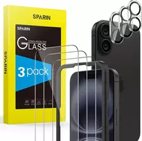 Sparin grūdinto stiklo ekrano apsauga, skirta iphone 16, 3 vnt. + 3 apsauginės plėvelės ir kameros apsauga su pozicionavimo įrankiu, atspari įbrėžimams, be burbuliukų, 9h kietumas, hd clear