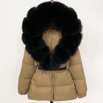 New winter warm fashion oversized real fox fur collar hooded white duck down waist thin down jacket L