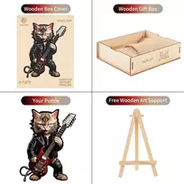 Dėlionė Cadeaujoie Rock Cat medinis galvosūkis suaugusiems, medinis galvosūkis suaugusiems, medinis galvosūkis su netaisyklingos unikalios formos detalėmis, medinis galvosūkis su medine dovanų dėžute