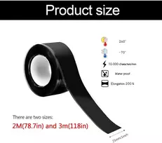 Taianji 2 savaime užsandarinanti silikoninė juosta, lipni, sandarinimo juosta, vandeniui atspari, 2 m, 3 m lipni juosta universaliai izoliacinei juostai, žarnų remontui (juoda)