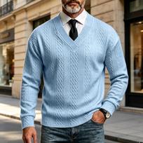 Men's V-Neck Knit Sweater, Long Sleeve Stretch Pullover, Color Top XL white
