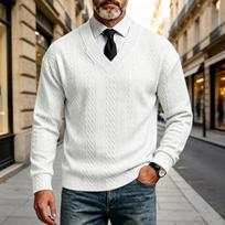 Men's V-Neck Knit Sweater, Long Sleeve Stretch Pullover, Color Top XL white