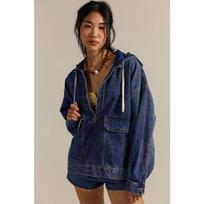 Fashion Loose Casual Washed Denim Hooded Long Sleeve Top XL beige