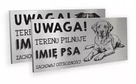 Įspėjamoji lentelė atsargiai, teritoriją saugo šuo su šuns vardu, dibond, 20x10 cm, dizainai