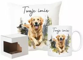 Rinkinys: Puodelis ir pagalvė su "golden Retriever" ir Jūsų vardu