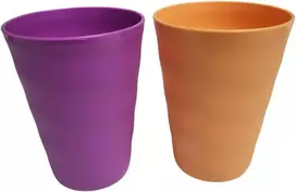 Tupperware gertuvių rinkinys, 2 vnt., plastikiniai stikliniai puodeliai berniukui Wave, 330 ml, oranžinis + violetinis gėrimo puodelis, 330 ml