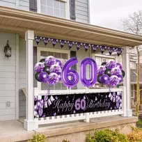 Djlla 60-ojo gimtadienio itin ilga "happy Birthday" girlianda (9 x 1,21 m), violetinė, auksinė, metalinė, guminė, 1 vnt., reklaminis skydelis, konfeti, balionai