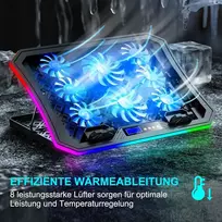 Moojay rgb aušintuvas nešiojamam kompiuteriui, skirtas naudoti ant stalo ir ant kelių, 8 aukščio reguliavimo padėtys, 8 tylūs ventiliatoriai + mobiliojo telefono stovas, skirtas 15,6–17,3 colių nešiojamiesiems kompiuteriams – mėlyna led lemputė