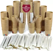 400 vienkartinių kraft popierinių kartoninių kavos puodelių 110 ml / 4 oz puodeliai trumpai kavai, lungo, espresso ir daugiau su atskirai popieriuje įvyniotais mediniais maišikliais
