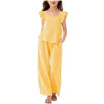 Big Kids Plaid Square Neck Sleeve Top and Elastic Waist Straight Leg Pants with Pockets Casual 2 Piece Outfit Set 170 beige