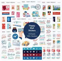 Navy Peony lipdukai "happy Mail" (8 lapai, 130+ mažų lipdukų) - A6 dydis, atsparūs vandeniui, skirti laiškams, vokams, atvirukams