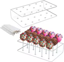 Vasemele 2 vnt. torto stovų rinkinys su 100 vnt. torto pagaliukų, 15 skylių ledinukų laikiklis, 16 x 9 x 4 cm akrilinis popcake laikiklis, skaidrus torto stovas