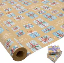 Didelis vyniojamojo popieriaus rulonas - 76cm x 15m - perdirbamas kalėdinis vyniojamasis popierius su mėlynu dovanų raštu Kalėdoms, gimtadieniui, vestuvėms ir vakarėlių dekoracijoms