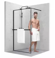 Sevante Bromo Walk-in dušo sienelė 140cm, 8mm esg stiklas, rankšluosčių kabykla, juodas