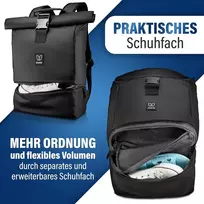 Heaver® kuprinė, rolltop, juoda su skyriumi batams ir nešiojamam kompiuteriui, skirta vyrams ir moterims, lanksti talpa iki 28 l, atspari vandeniui, skirta sportui, laisvalaikiui, universitetui, kelionėms ir darbui