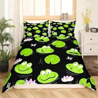 Cartoon Frog Duvet Cover Set Light Green Cartoon Frogs Cute Dragonfly Animal Bedding Set for Boy Twin Size Polyester Quilt Cover 70x133cm 2pcs