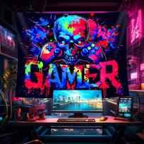 VIKAMA Rainbow Skull Game Controller GAMER Esports Tapestry Wall Hanging Home Decor for Bedroom Living Room Dorm Esports Cafe 100X70CM