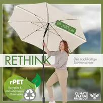 Doppler Rethink skėtis sodui, 200 cm, natūralus, apvalus skėtis balkonui ir terasai, tvarus skėtis pagamintas iš 100% perdirbto poliesterio audinio, skėtis balkonui su uždangalu