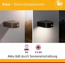 Paulmann Eileen 94570 Led saulės lauko sieninis šviestuvas su judesio davikliu Ip44 3000 K 300 lm komplekte 1 x 5,5 W šiltai balta juoda belaidė plastikinė įkraunama