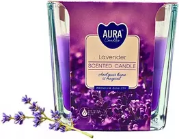 Aura vaivorykštinė žvakė stiklinėje - levandų aromatas, 32 valandų degimo laikas, parafino vaškas, žvakė 170 g, dovanojimo žvakė, malonus ir atpalaiduojantis levandų aromatas