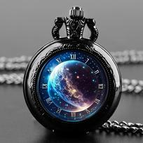 Creative Starry Sky and Moon Quartz Pocket Watch for Women Men Black Necklace, Unique Pendant Clock Chain Watch Gift Accessories black