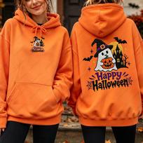 Happy Halloween Ghost Pumpkin Print Hoodie Women Vintage Autumn Winter Sweatshirt Y2K Casual Loose Long Sleeve Drawstring Tops 3XL red