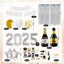 Naujųjų metų išvakarių dekoracija 2025 xxl, naujųjų metų dekoracija, "happy New Year" girlianda, 2025 folinis balionas, rekvizitai nuotraukoms, blizgučių užuolaida, auksiniai ir balti balionai naujųjų metų išvakarių 2025 vakarėlio dekoracijai sidabro spal