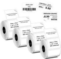 Terminiai lipdukai, suderinami su Phomemo M110/m221/m220/m120/m200 etikečių spausdintuvais, 1.18" x 0.79" (30x20mm), 320 etikečių/ritinys, 4 ritiniai, juodi ant balto