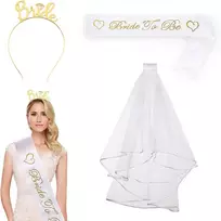 Mergvakario vakarėlio juosta "bride to be" ir nuometas, skirti nuotakai, mergvakario vakarėliui ir vestuvių fotografijai, auksinės spalvos