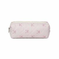 Large Capacity Pencil Case Ribbon Bowknot Quilted Fabric Stationery Bag Soft Handheld Zipped Closure Toiletry Organizer