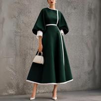 Women's Elegant Navy Blue Color Block Midi Dress with Cinched Waist and Three-Quarter Sleeves for Semi-Formal Wear XXL
