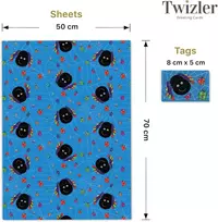 Twizler berniukų dovanų popierius – mėlyni vorai – 4 lapai ir 4 etiketės – 70 cm x 50 cm sulankstyti lapai – mielas gimtadienio dovanų pakavimas vaikams