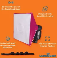 Lumiquest Softbox Iii Lq-119s blykstės difuzorius ir šviesos minkštiklis, universalus klasikinis dizainas išorinėms fotoaparatų blykstėms su Ultrastrap, neoninė rožinė