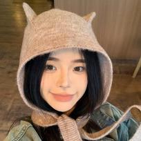 Versatile Balaclava Hats Warm Ear Protection Cap Fashion Women's Winter Knitted Hat  Autumn Winter black