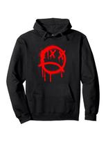 Black Hoodie with Red Sad Face Graffiti - All-Season Streetwear Pullover Sweatshirt S black
