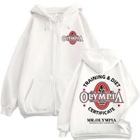 Treniruočių mitybos sertifikatas Ponas Olimpas Grafinis su užtrauktuku Hoodie Vyrams Moterims Sporto salės Fitneso Užtraukiamas Džemperis Laisvalaikio Mados Laisvi Puloveriai L balta