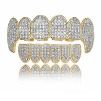 Iced Out 5A CZ Brass Fang Grillz 6 Upper 6 Lower Teeth Grills Hip Hop Party Jewelry Halloween Cosplay Vampire auksas