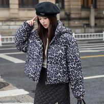 Autumn and winter new Spice Girl leopard print cotton coat women's thickened short stand-up collar jacket cotton coat XXL black